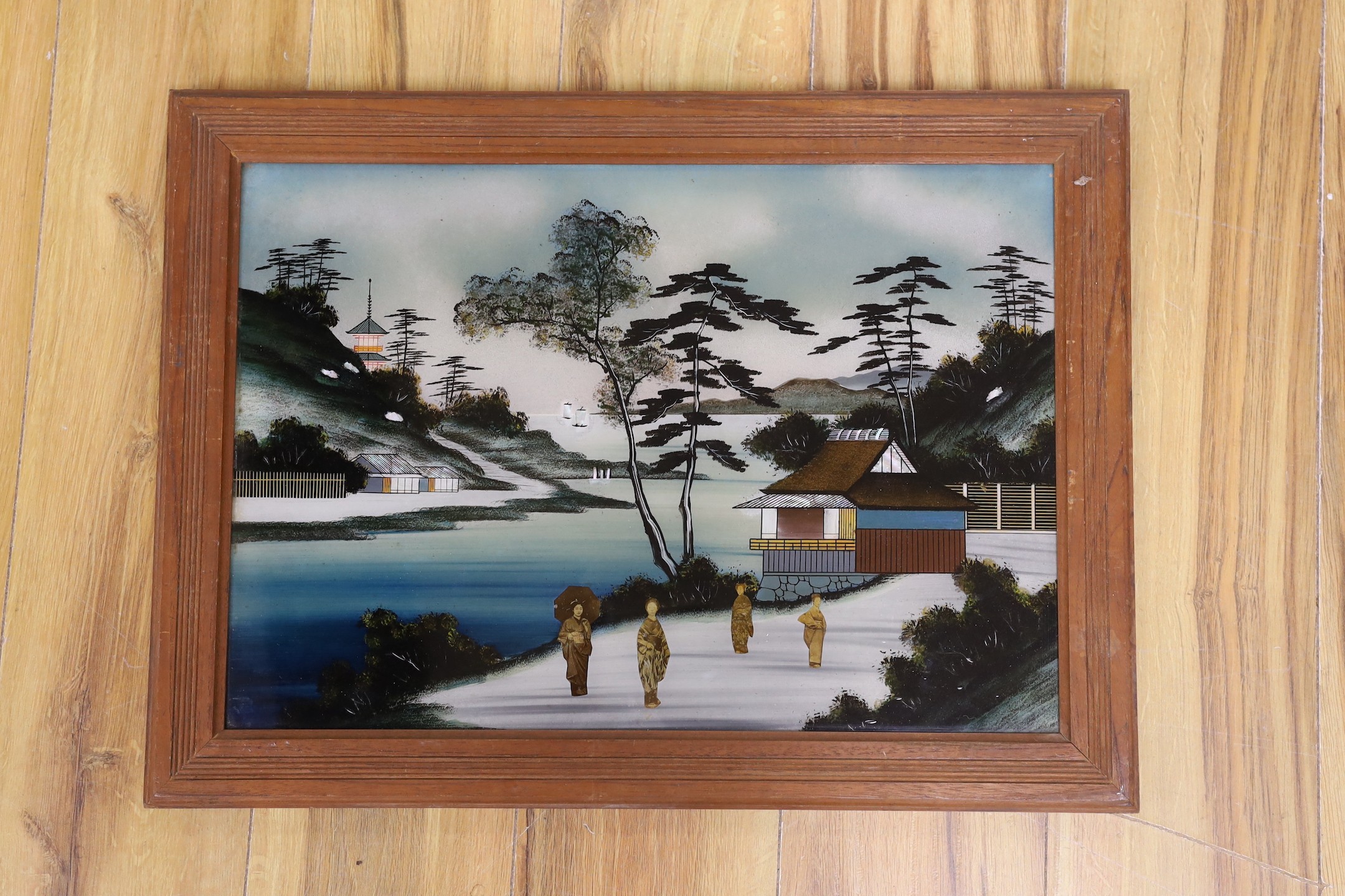 A Japanese reverse painting on glass, 49.5.wide x 34.5 high.